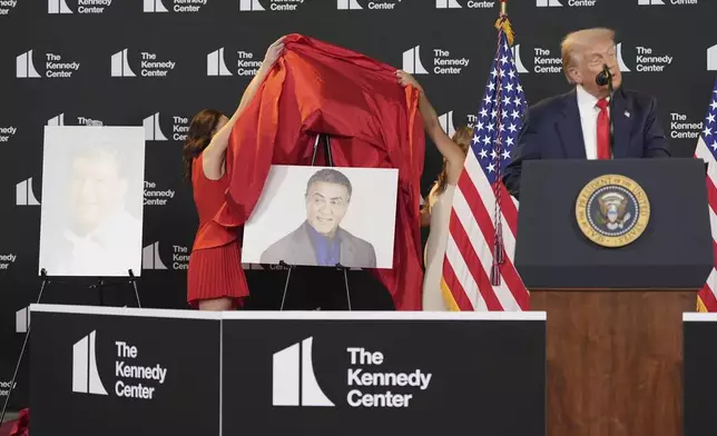 Sylvester Stallone is unveiled by President Donald Trump to be a recipient of the Kennedy Center Honors, at the Kennedy Center, Wednesday, Aug. 13, 2025, in Washington. (AP Photo/Alex Brandon)