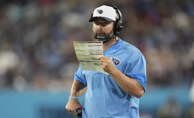 Tennessee Titans head coach Brian Callahan on the sideline during the second half of a preseason NFL football game against the Minnesota Vikings, Friday, Aug. 22, 2025, in Nashville, Tenn. (AP Photo/George Walker IV)