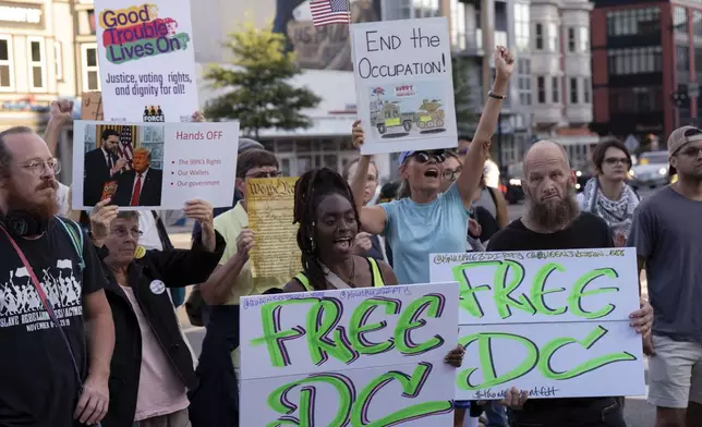 People protest against President Donald Trump's use of federal law enforcement and National Guard troops in the city during a rally along the U street corridor in northwest Washington, Saturday, Aug. 23, 2025. (AP Photo/Jose Luis Magana)