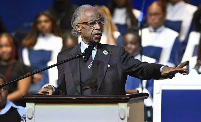 Rev. Al Sharpton delivers a sermon at Howard University's Cramton Auditorium, Sunday, Aug. 24, 2025, in Washington, to announce a national drive in support of District of Columbia Mayor Muriel Bowser, as President Donald Trump's administration continues it's use of federal law enforcement and National Guard troops in the city. (AP Photo/John McDonnell)