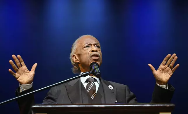 Rev. Al Sharpton delivers a sermon at Howard University's Cramton Auditorium, Sunday, Aug. 24, 2025, in Washington, to announce a national drive in support of District of Columbia Mayor Muriel Bowser, as President Donald Trump's administration continues it's use of federal law enforcement and National Guard troops in the city. (AP Photo/John McDonnell)