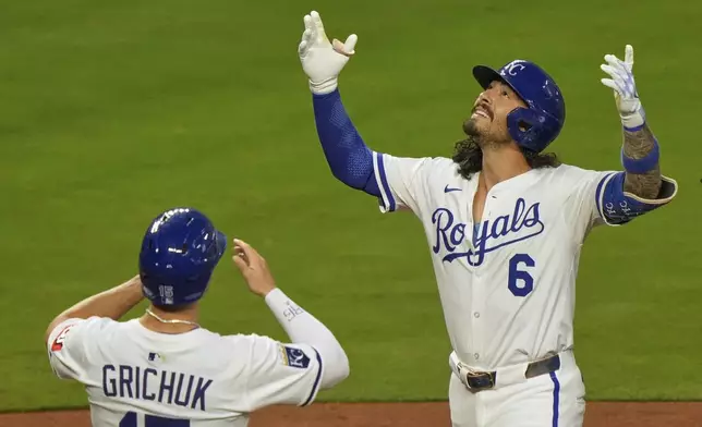 Kansas City Royals' Jonathan India (6) celebrates after hitting a two-run home run during the sixth inning of a baseball game against the Washington Nationals, Tuesday, Aug. 12, 2025, in Kansas City, Mo. (AP Photo/Charlie Riedel)