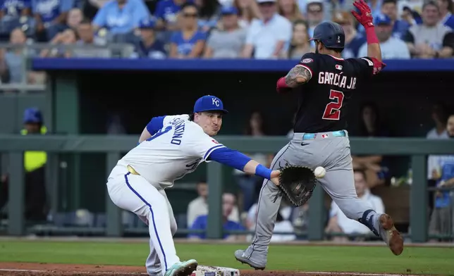 Washington Nationals' Luis Garcia Jr. (2) is out at first by Kansas City Royals first baseman Vinnie Pasquantino after bunting during the third inning of a baseball game, Tuesday, Aug. 12, 2025, in Kansas City, Mo. (AP Photo/Charlie Riedel)