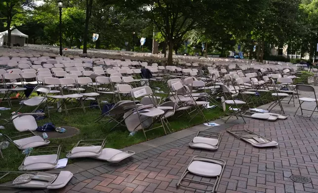 A mess of toppled chairs at the Villanova University campus where an active shooter was reported Thursday, Aug. 21, 2025, in Villanova, Pa. (AP Photo/Matt Slocum)