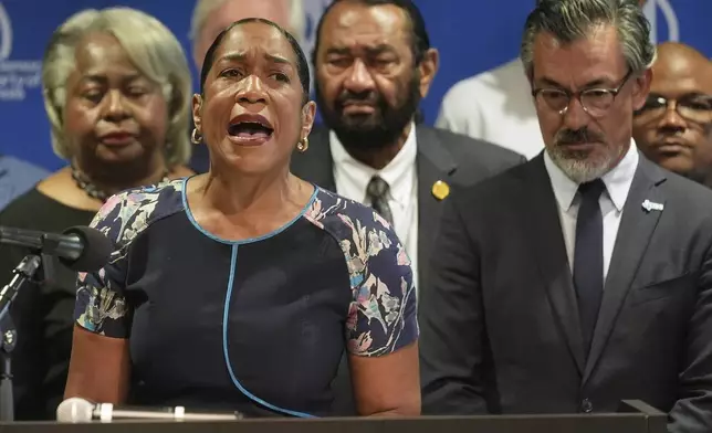 Lieutenant Governor Juliana Stratton speaks during a news conference in Aurora, Ill., on Tuesday, Aug 5, 2025. (AP Photo/Erin Hooley)