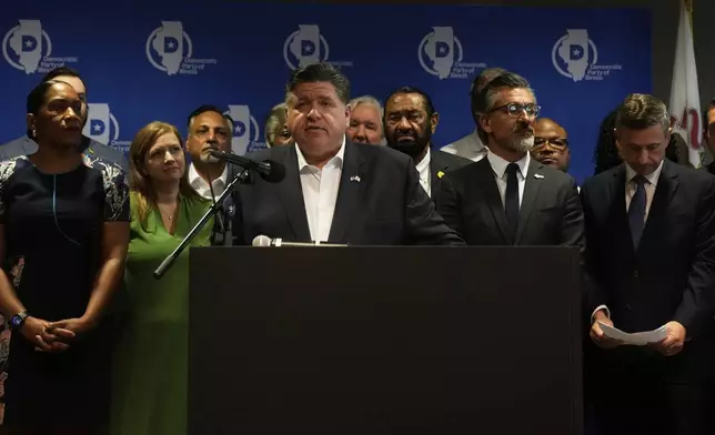 Illinois Governor JB Pritzker speaks during a news conference in Aurora, Ill., on Tuesday, Aug 5, 2025. (AP Photo/Erin Hooley)