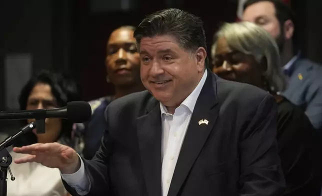 Illinois Governor JB Pritzker speaks during a news conference in Aurora, Ill., on Tuesday, Aug 5, 2025. (AP Photo/Erin Hooley)