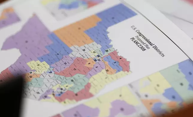A map of U.S Congressional Districts proposed plan is seen at a Texas legislators' public hearing on congressional redistricting in Austin, Texas, Friday, Aug. 1, 2025. (AP Photo/Eric Gay)