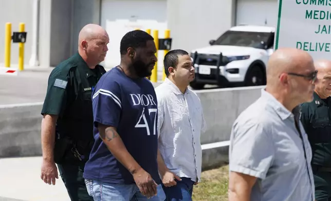 Kilmar Abrego Garcia, third from left, leaves the Putnam County Jail, Friday, Aug. 22, 2025, in Cookeville, Tenn. (AP Photo/Brett Carlsen)