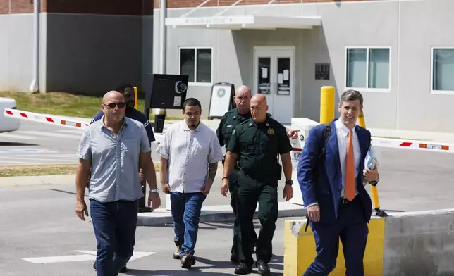Kilmar Abrego Garcia, fourth from right, leaves the Putnam County Jail, Friday, Aug. 22, 2025, in Cookeville, Tenn. (AP Photo/Brett Carlsen)