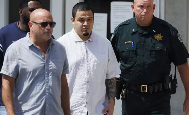 Kilmar Abrego Garcia, center, leaves the Putnam County Jail, Friday, Aug. 22, 2025, in Cookeville, Tenn. (AP Photo/Brett Carlsen)