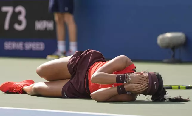 Alexandra Eala, of the Philippines, reacts after defeating Clara Tauson, of Denmark, during the first round of the US Open tennis championships, Sunday, Aug. 24, 2025, in New York. (AP Photo/Seth Wenig)