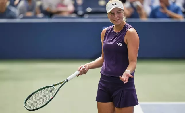 Clara Tauson, of Denmark, reacts between points against Alexandra Ella, of the Philippines, during the first round of the US Open tennis championships, Sunday, Aug. 24, 2025, in New York. (AP Photo/Seth Wenig)