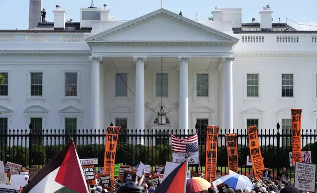 Activists protest President Donald Trump's federal takeover of policing of the District of Columbia near the White House, Saturday, Aug. 16, 2025, in Washington. (AP Photo/Alex Brandon)