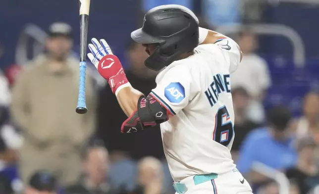 Heriberto Hernandez reacts after being hit by a pitch thrown by St. Louis Cardinals starting pitcher Michael McGreevy during the sixth inning of a baseball game, Tuesday, Aug. 19, 2025, in Miami. (AP Photo/Lynne Sladky)