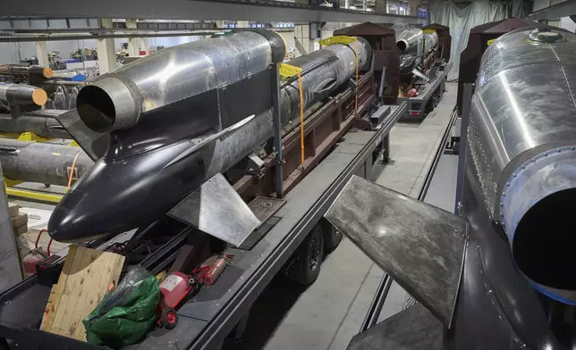 Flamingo missiles are seen at Fire Point's secret factory in Ukraine on Monday, Aug. 18, 2025. (AP Photo/Efrem Lukatsky)