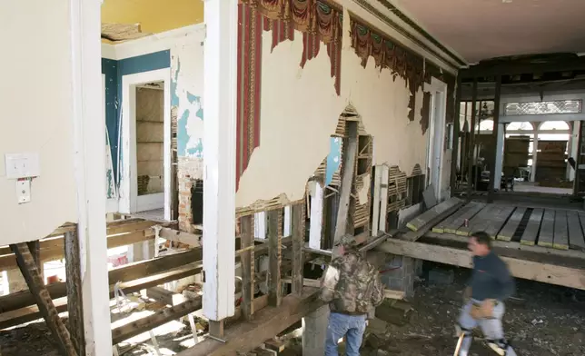 FILE - Workers repair the Blue Rose bed-and-breakfast in Pass Christian, Miss., Nov. 29, 2005. (AP Photo/Orlin Wagner, File)