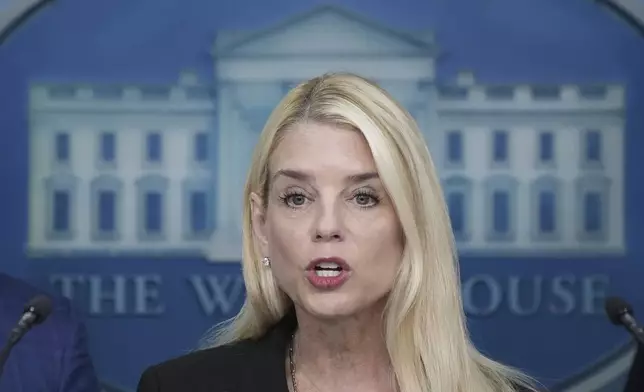 FILE - Attorney General Pam Bondi, speaks during a news conference at the White House, Aug. 11, 2025, in Washington. (AP Photo/Alex Brandon, File)