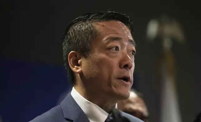 Texas Rep. Gene Wu speaks during a news conference in Aurora, Ill., on Tuesday, Aug 5, 2025. (AP Photo/Erin Hooley)