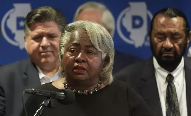 Texas State Rep. Barbara Gervin-Haskins speaks during a news conference in Aurora, Ill., on Tuesday, Aug 5, 2025. (AP Photo/Erin Hooley)
