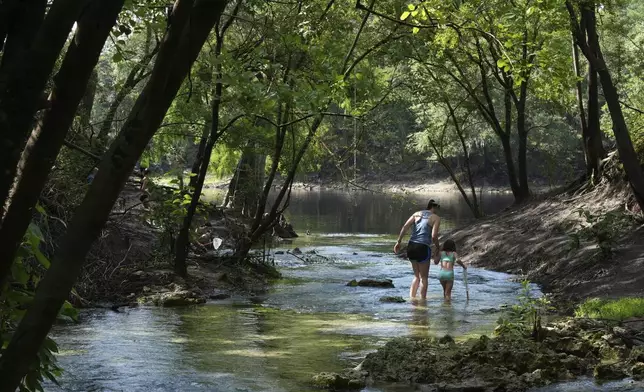 A mother and daughter walk along Royal Spring on Tuesday, July 15, 2025, in Suwannee County, Fla. (AP Photo/Marta Lavandier)