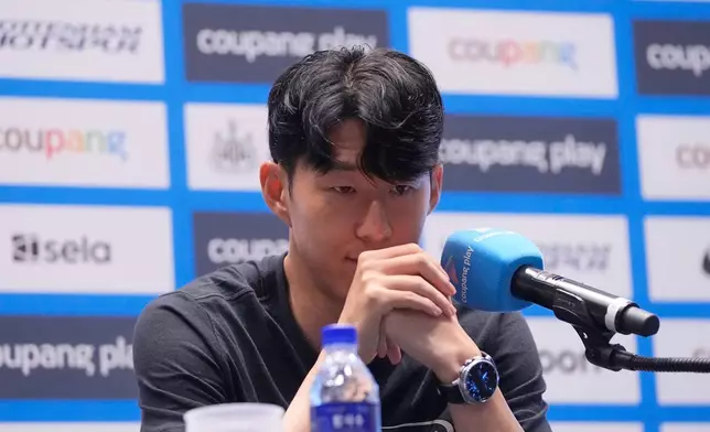 Tottenham Hotspur's Son Heung-min reacts during a press conference ahead of a preseason soccer match between Tottenham Hotspur and Newcastle United in Seoul, South Korea, Saturday, Aug. 2, 2025. (AP Photo/Ahn Young-joon)