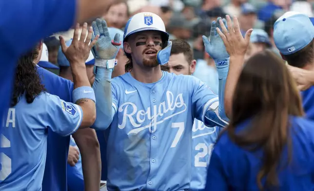 Kansas City Royals' Bobby Witt Jr. (7) celebrates a home run score during the sixth inning of a baseball game against the Detroit Tigers, Saturday, Aug. 23, 2025, in Detroit. (AP Photo/Josh Boland )