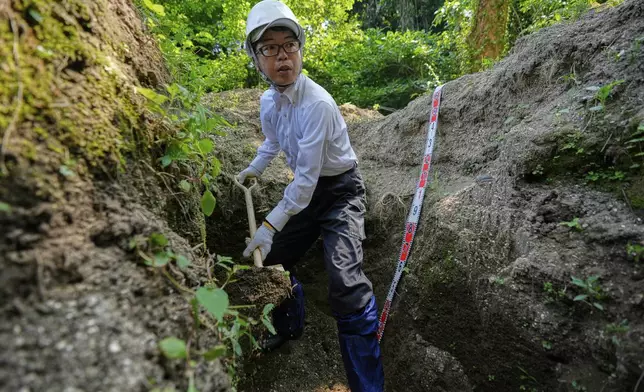Rebun Kayo, a Hiroshima University researcher, searches for remains of victims of the 1945 Hiroshima bombing in Ninoshima in Hiroshima, western Japan, Tuesday, July 8, 2025. (AP Photo/Eugene Hoshiko)