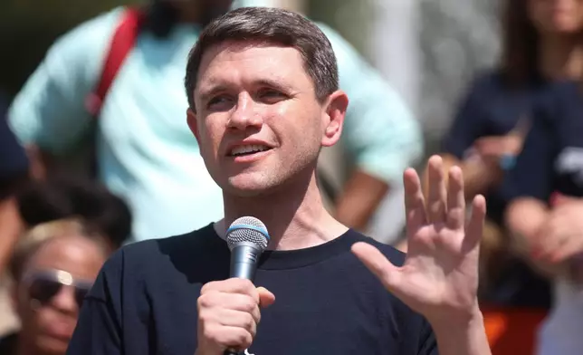 Texas Rep. James Talarico speaks at a rally, Saturday, Aug. 16, 2025, at Wrigley Square in Millennium Park in Chicago. (AP Photo/Talia Sprague)
