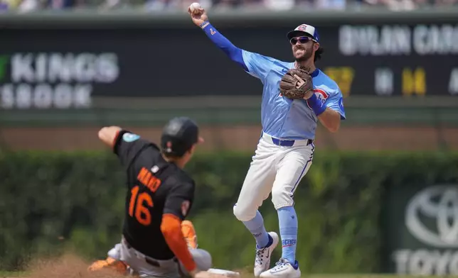 Chicago Cubs shortstop Dansby Swanson (7) relays to first after forcing out Baltimore Orioles' Coby Mayo (16) at second base on a double play hit into by Orioles' Dylan Carlson during the fifth inning of a baseball game, Friday, Aug. 1, 2025, in Chicago. (AP Photo/Erin Hooley)