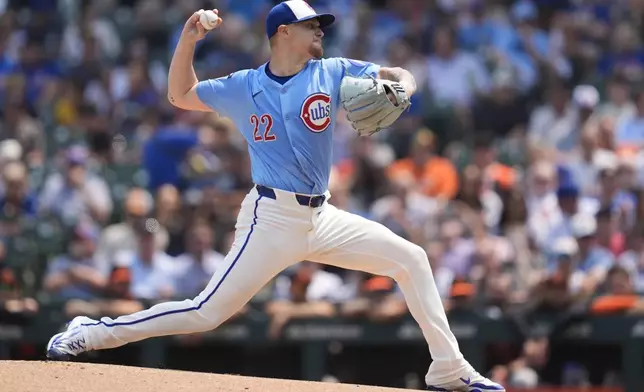Chicago Cubs starting pitcher Cade Horton (22) throws against the Baltimore Orioles during the first inning of a baseball game, Friday, Aug. 1, 2025, in Chicago. (AP Photo/Erin Hooley)