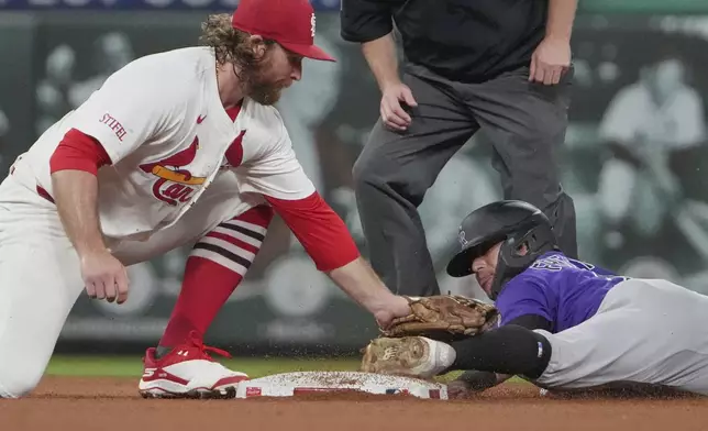 Colorado Rockies' Tyler Freeman, right, is out as he slides past the bag while trying to steal second as St. Louis Cardinals second baseman Brendan Donovan makes the tag during the fourth inning of a baseball game Tuesday, Aug. 12, 2025, in St. Louis. (AP Photo/Jeff Roberson)