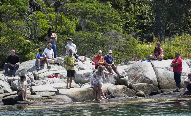 Kim Ware, of Somerville, Mass., spreads the ashes of her sister, Sunshine Stewart, on High Island during a memorial service, Sunday, Aug. 10, 2025, off the coast of St. George, Maine. (AP Photo/Robert F. Bukaty)