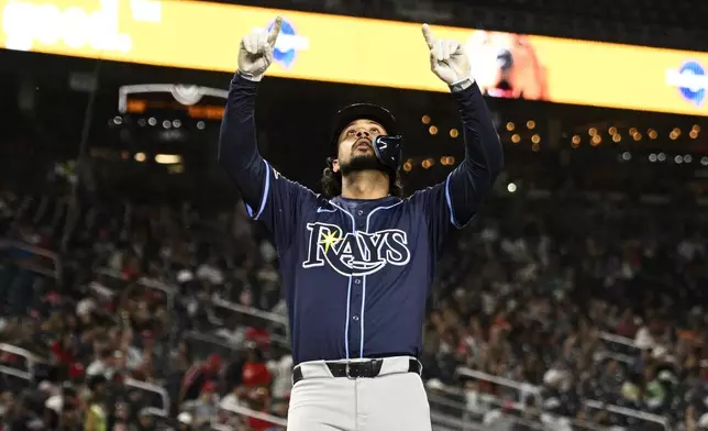 Tampa Bay Rays' Everson Pereira, celebrates his home run during the fifth inning of a baseball game against the Washington Nationals, Friday, Aug. 29, 2025, in Washington. (AP Photo/Nick Wass)