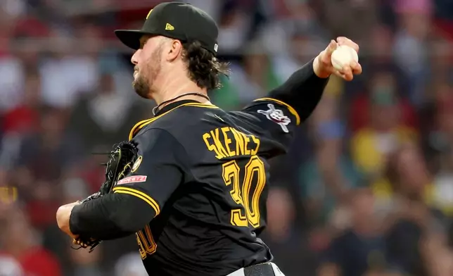 Pittsburgh Pirates pitcher Paul Skenes throws during the first inning of a baseball game against the Boston Red Sox, Friday, Aug. 29, 2025, in Boston. (AP Photo/Mark Stockwell)