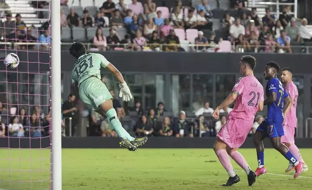 The ball gets past Pumas UNAM Goalkeeper Miguel Paul (181) on a goal scored by Inter Miami midfielder Rodrigo De Paul, not shown, during the first half of a Leagues Cup soccer match, Wednesday, Aug. 6, 2025, in Fort Lauderdale, Fla. (AP Photo/Lynne Sladky)