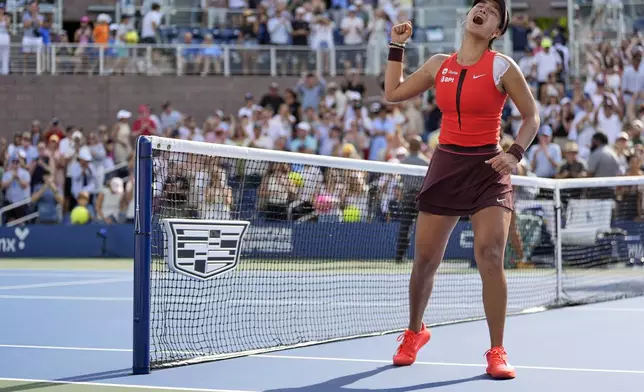 Alexandra Eala, of the Philippines, reacts after defeating Clara Tauson, of Denmark, during the first round of the US Open tennis championships, Sunday, Aug. 24, 2025, in New York. (AP Photo/Seth Wenig)