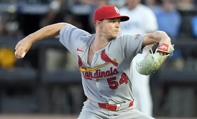 St. Louis Cardinals pitcher Sonny Gray delivers to the Tampa Bay Rays during the first inning of a baseball game Thursday, Aug. 21, 2025, in Tampa, Fla. (AP Photo/Chris O'Meara)