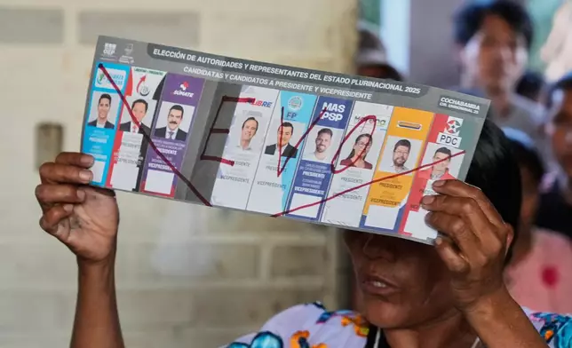 An electoral official shows a null vote that has "Evo" — referring to former President Evo Morales who is barred from running — written on it, as they count votes after polls closed for general elections in Entre Rios, Chapare region, Bolivia, Sunday, Aug. 17, 2025. (AP Photo/Jorge Saenz)