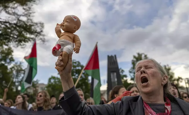 People attend a demonstration against the war in the Gaza Strip and Israel's measures regarding food distribution, in Vilnius, Lithuania, Monday, Aug. 4, 2025. (AP Photo/Mindaugas Kulbis)
