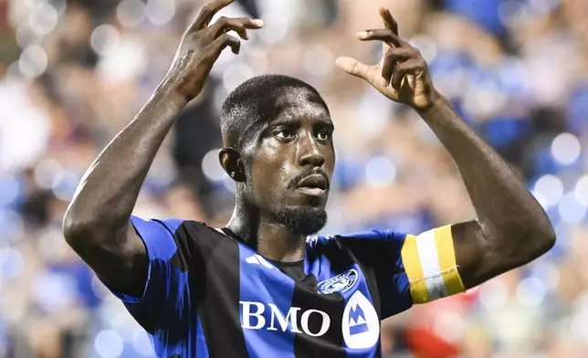 CF Montreal's Prince Owusu celebrates after scoring against Austin FC during second-half MLS soccer match action in Montreal, Saturday, Aug. 23, 2025. (Graham Hughes/The Canadian Press via AP)