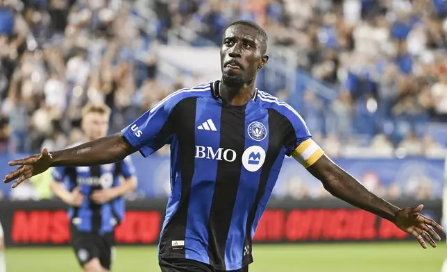 CF Montreal's Prince Owusu celebrates after scoring against Austin FC during second-half MLS soccer match action in Montreal, Saturday, Aug. 23, 2025. (Graham Hughes/The Canadian Press via AP)
