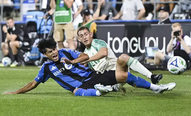 Austin FC's Nico Dubersarsky, right, slides in on CF Montreal's Olger Escobar (29) during the second half of an MLS soccer game in Montreal, Saturday, Aug. 23, 2025. (Graham Hughes/The Canadian Press via AP)