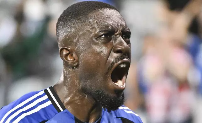 CF Montreal's Prince Owusu celebrates after scoring against Austin FC during second-half MLS soccer match action in Montreal, Saturday, Aug. 23, 2025. (Graham Hughes/The Canadian Press via AP)