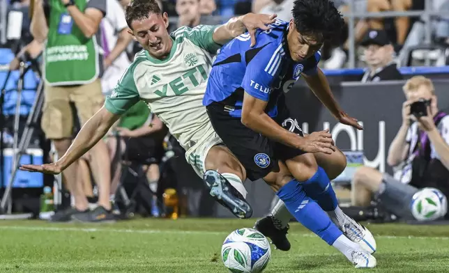 Austin FC's Nico Dubersarsky, left, challenges CF Montreal's Olger Escobar (29) during the second half of an MLS soccer game in Montreal, Saturday, Aug. 23, 2025. (Graham Hughes/The Canadian Press via AP)
