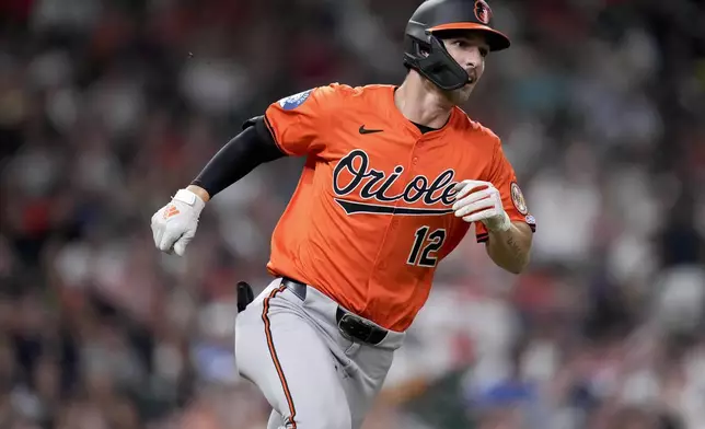 Baltimore Orioles' Dylan Beavers runs to second after hitting a double for his first career major league hit during the eighth inning of a baseball game against the Houston Astros, Saturday, Aug. 16, 2025, in Houston. (AP Photo/Eric Christian Smith)