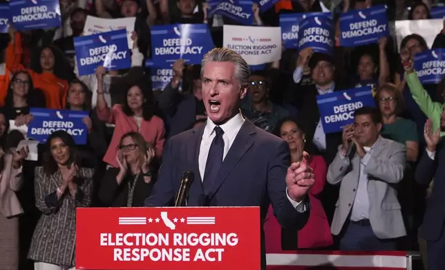 California Gov. Gavin Newsom speaks during a news conference Thursday, Aug. 14, 2025, in Los Angeles. (AP Photo/Marcio Jose Sanchez)