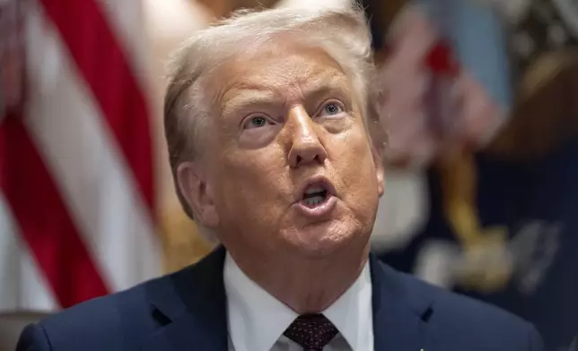 President Donald Trump speaks during a cabinet meeting at the White House, Tuesday, Aug. 26, 2025, in Washington. (AP Photo/Mark Schiefelbein)