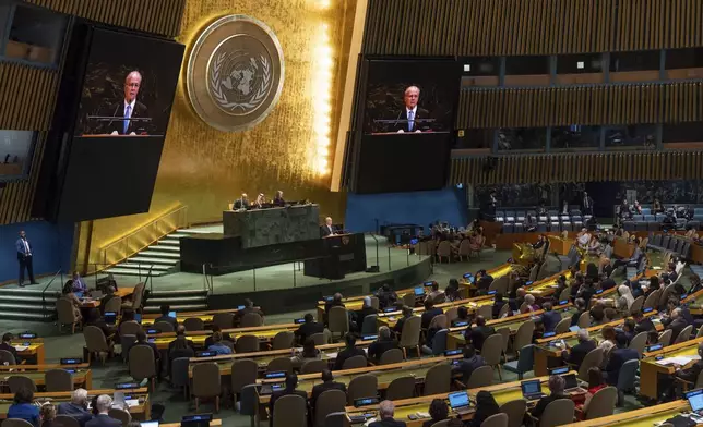 Palestinian Prime Minister Mohammed Mustafa speaks during a high-level International Conference for the Peaceful Settlement of the Question of Palestine and the Implementation of the Two-State solution at United Nations Headquarters, on Monday, July 28, 2025 .(AP Photo/Adam Gray)
