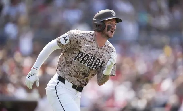 San Diego Padres' Jackson Merrill watches his three-RBI triple during the seventh inning of a baseball game against the St. Louis Cardinals Sunday, Aug. 3, 2025, in San Diego. (AP Photo/Gregory Bull)